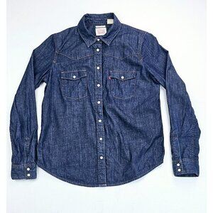 Levi's Classic Size Small Women Blue Pearl Snap Logo Tag Long Sleeve Denim Shirt